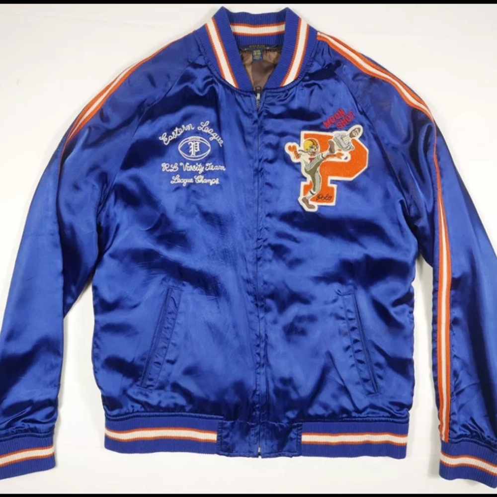 Rare POLO Ralph Lauren Blue Satin Varsity Letterman Jacket Boys 6/7 - Picture 13 of 14